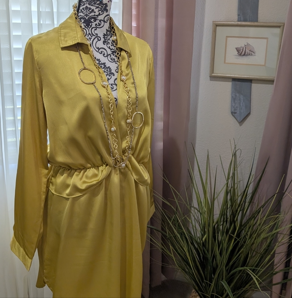 Elegant Yellow Satin Feel  Dress with Deep Plunge Neckline